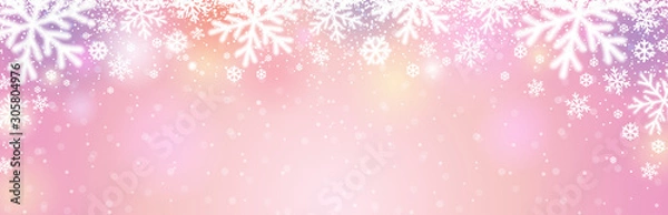 Obraz Pink christmas banner with white blurred snowflakes. Merry Christmas and Happy New Year greeting banner. Horizontal new year background, headers, posters, cards, website. Vector illustration