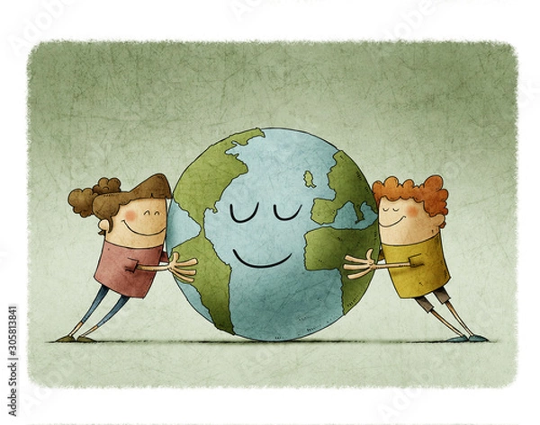 Obraz Two adorable children affectionately hug a planet earth that smiles.