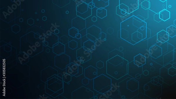 Fototapeta Blue abstract hexagon background. Dark blue gradient backdrop with hexagon outline shapes. Futuristic sci-fi pattern. Modern cover, poster, presentation or banner template. Stock vector illustration