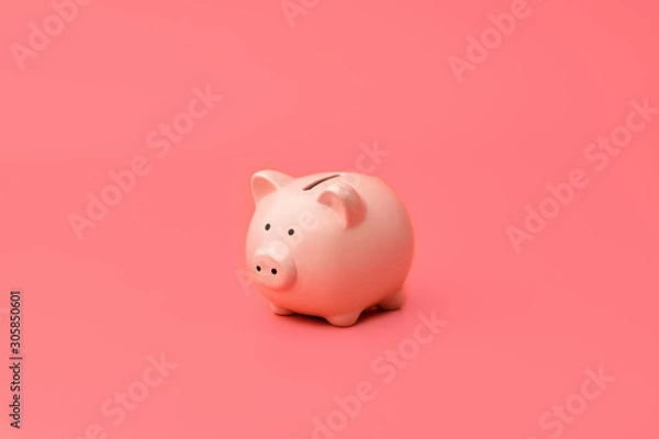 Obraz Pink piggy Bank stands in the center on a pink background. Horizontal photography