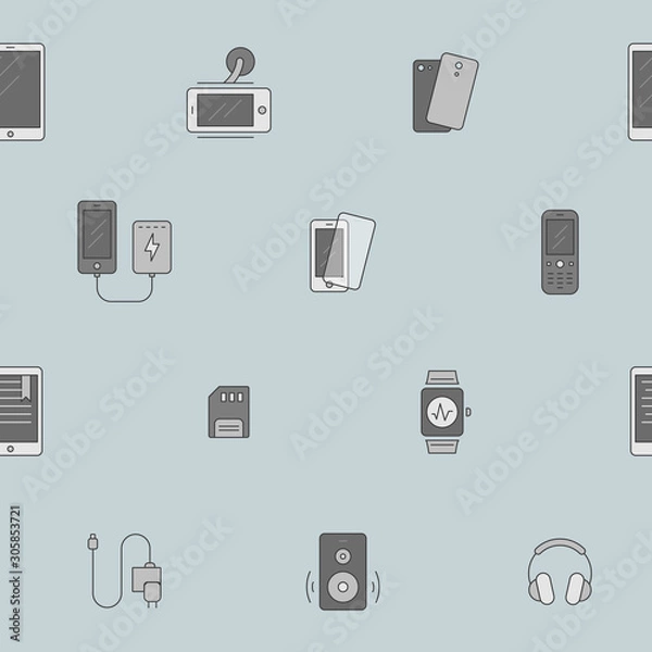 Fototapeta Phone and tablet background - Vector color seamless pattern of gadget and mobile device for graphic design