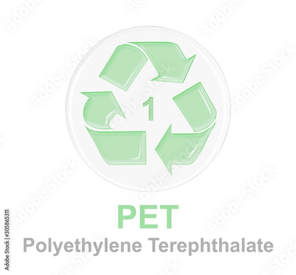Fototapeta plastic recycle symbol with green glossy glass on transparent round glass. plastic recycle number 1 for PET or PETE