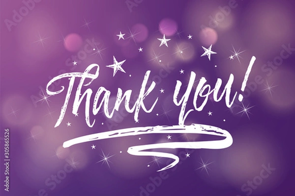 Fototapeta Thank you card with glowing fireworks stars on blurred purple ultra violet bokeh background. Poster, greeting banner or invitation. Vector illustration