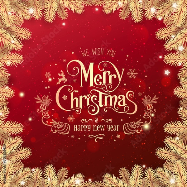 Fototapeta Gold Christmas and New Year Text on red Xmas background with gold fir branches, light, stars, bokeh. Merry Christmas and Xmas card. Happy New Year, top view, realistic vector