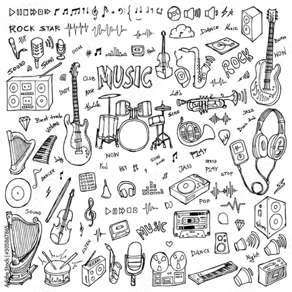 Fototapeta Zestaw ilustracji rysunku muzycznego Ręcznie rysowane doodle szkic linii wektorowej eps10