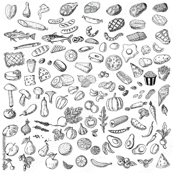 Fototapeta Hand-drawn big set of food. Isolated sketches on a white background. Vector cartoon foods. Elements of menu.