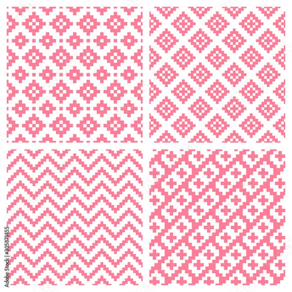 Fototapeta Vector set of pink geometric pixel seamless patterns