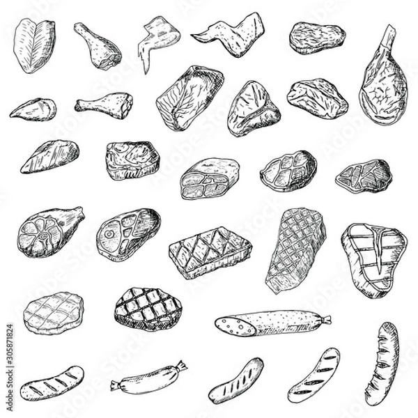 Fototapeta Set of meat and sausages. Raw and grilled food. Vector cartoon illustrations. Isolated objects on a white background. Hand-drawn style.