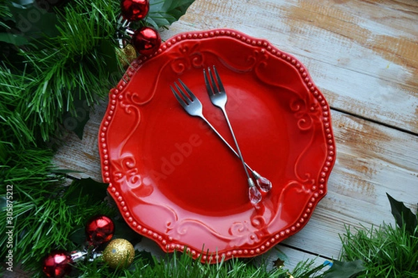 Fototapeta Christmas table, Red plate, green branch