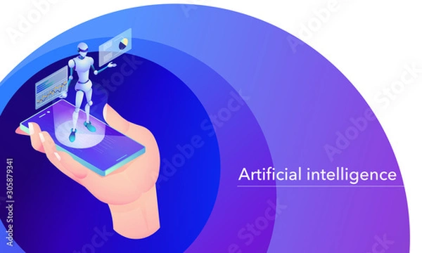 Obraz 手が持つスマートフォンの上のAIアシスタント