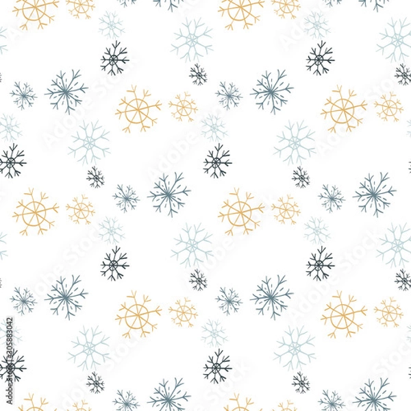 Fototapeta Christmas and New Year. Gold, light blue and navy blue snowflakes. Seamless vector pattern on a white background.