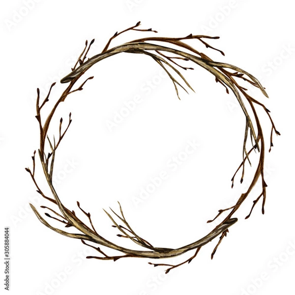Obraz Watercolor Easter wreath. Spring tree branch Hand drawn Frame, illustration. Isolated design element for invitations, greeting card, poster, print label concept. Border