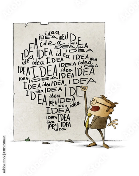 Obraz Businessman writes many times the word idea on the wall, the words make the shape of a light bulb. isolated