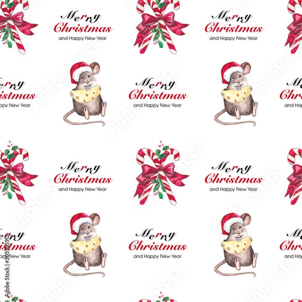 Fototapeta Seamless Pattern with Christmas Symbol. Watercolour Illustration.