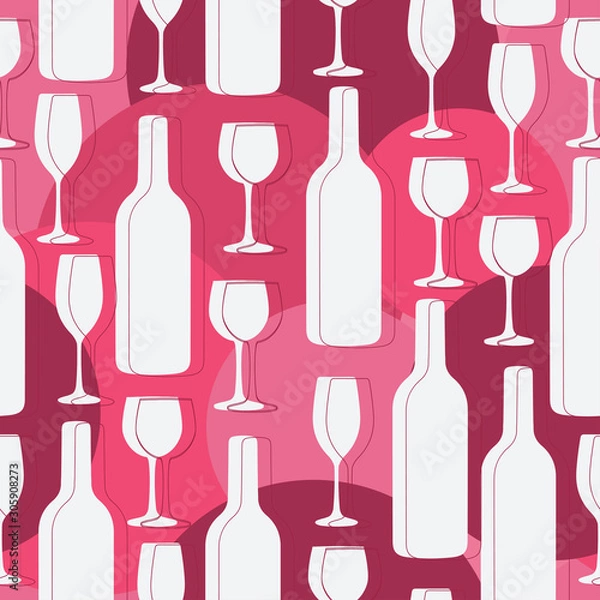 Fototapeta Seamless background with wine bottles and glasses. Bright colors pattern for web, poster, textile, print and other design
