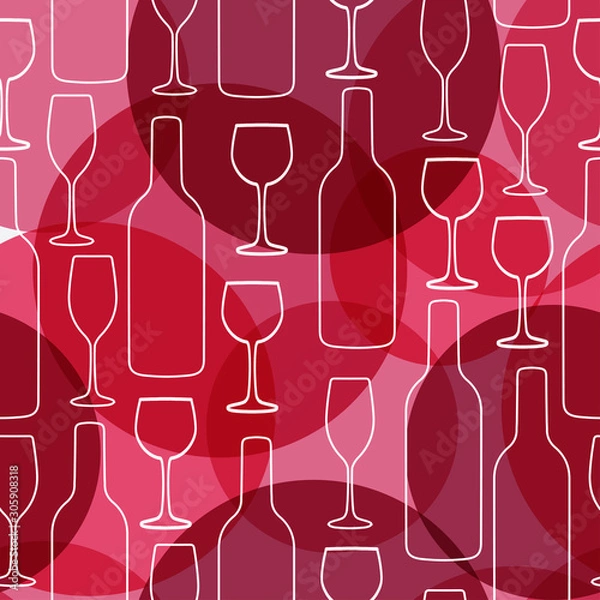 Fototapeta Seamless background with wine bottles and glasses. Bright colors pattern for web, poster, textile, print and other design