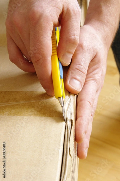Obraz Men unpacking box with cutter