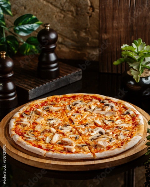 Fototapeta chicken pizza with mushroom, cheese and tomato sauce