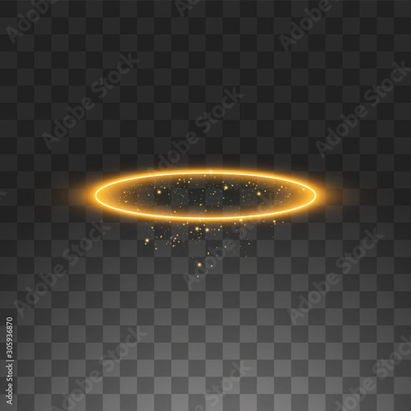Fototapeta Gold halo angel ring. Isolated on black transparent background, vector illustration