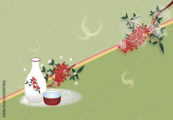 Obraz 南天に雪景色と日本酒熱燗明るい背景