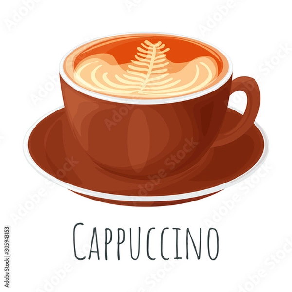 Fototapeta Cappuccino coffee cartoon style vector illustration, isolated realistic colorful coffee icon.