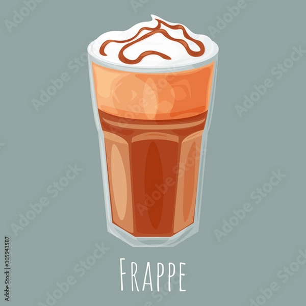 Fototapeta Frappe coffee cartoon style vector illustration, isolated realistic colorful coffee icon.