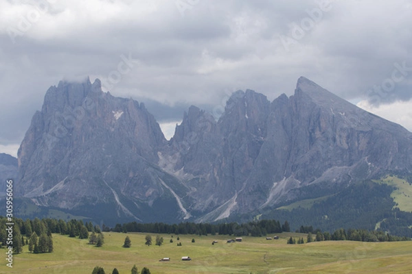 Fototapeta Landscapes on Alpe di Siusi with Sassolungo or Langkofel Mountain Group in Background and small cabins on the grassland in Summer, South Tyrol, Italy