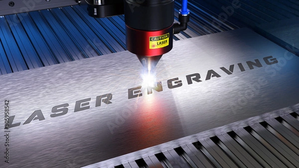 Obraz Cięcie laserowe, grawerowanie laserowe. Obróbka metalu z iskrami na grawerce laserowej CNC. Renderowanie 3D