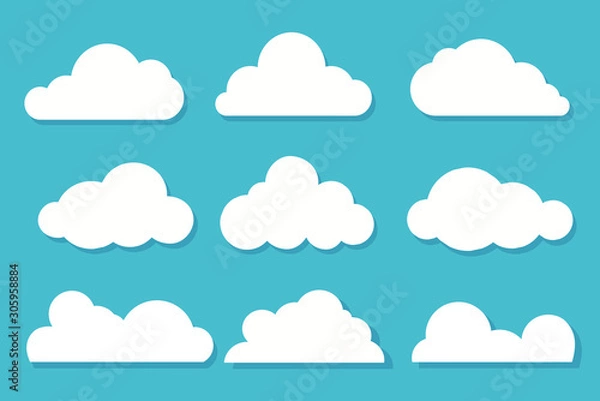 Obraz White clouds flat design set on blue sky background. Vector illustration