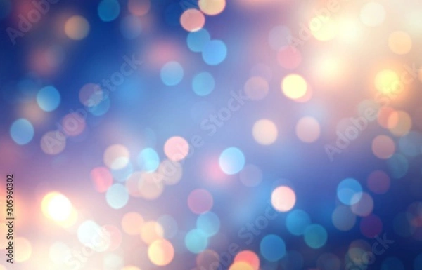 Fototapeta Blue glitter blurred texture. Golden shimmer bokeh. Festive mpty background. Defocused pattern. Winter holidays abstract template.