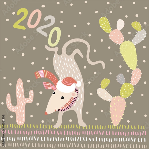 Fototapeta Acrobat mouse. Template postcard or Christmas poster with a pattern in the Scandinavian style. Cute illustration with animal - symbol of the year 2020
