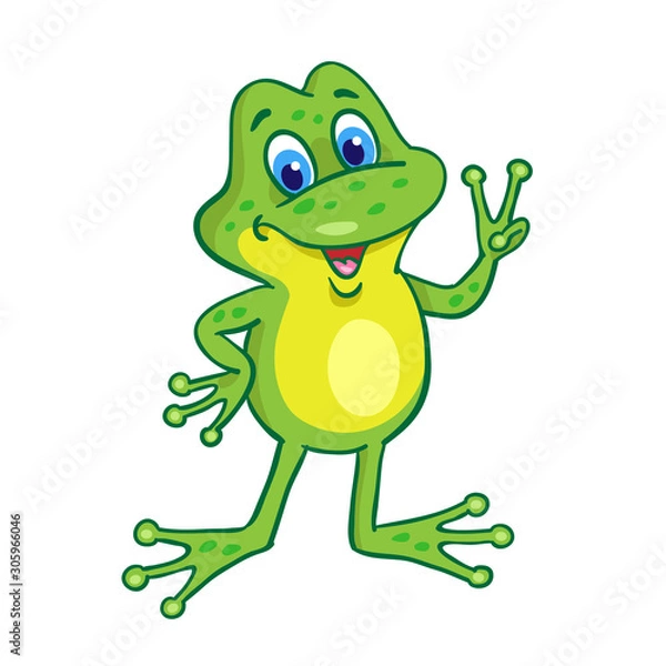 Obraz Little funny happy frog.  In cartoon style. Isolated on white background. Vector illustration.