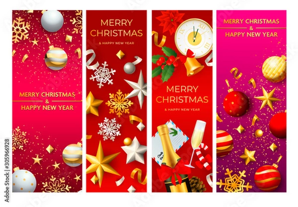 Fototapeta Merry Christmas postcard set with champagne bottle, baubles, stars, midnight clock, confetti, streamer, snowflakes. Vector illustration for festive posters, greeting cards, vertical banner design