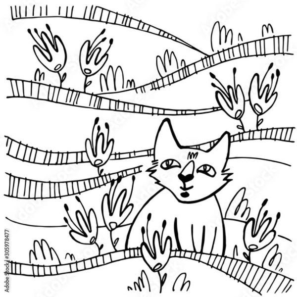Obraz A cat sitting in the waves of plants