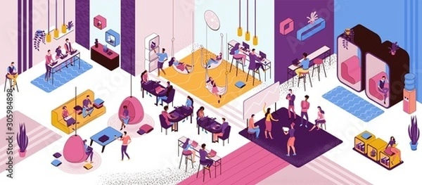 Obraz Coworking space interior, creative and office people work in open workspace, freelancer with laptop, modern environment, loft style place, painting workshop, musicians, horizontal vector illustration