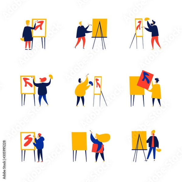 Fototapeta People draw. The artist near the easel. Flat style vector illustration.