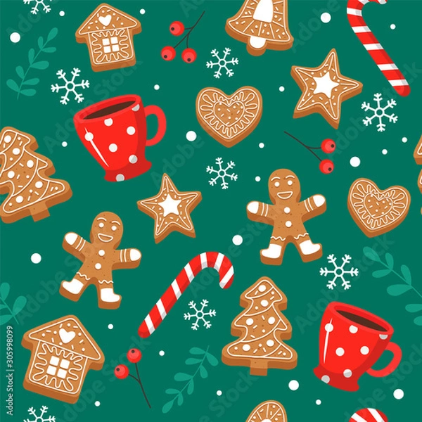 Fototapeta Gingerbread pattern. Festive background with cookies, cups, candy cane. Vector illustration in flat style