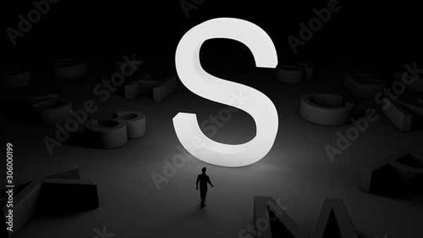 Fototapeta 3D illustration of an illuminated letter S and a man standing in front of it