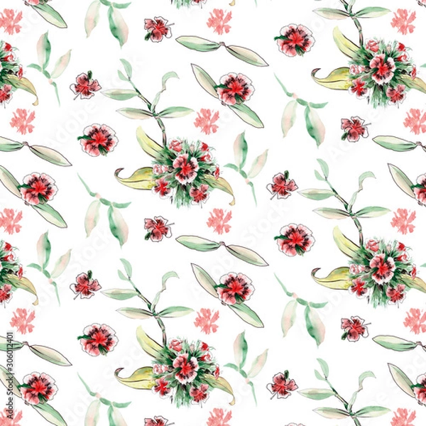 Fototapeta Seamless pattern with chinese carnation flowers and leaves. Hand drawn watercolor elements for textile or wrapping paper design