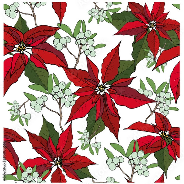 Fototapeta Christmas seamless pattern of red poinsetia and nuts and mistletoe, on a white background. Christmas decoration on white. Vector EPS 10.