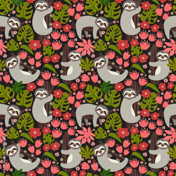 Fototapeta Seamless background with Sloth on the branch. Vector illustration of leaves, flowers and cute bear on black. Floral and animal pattern.