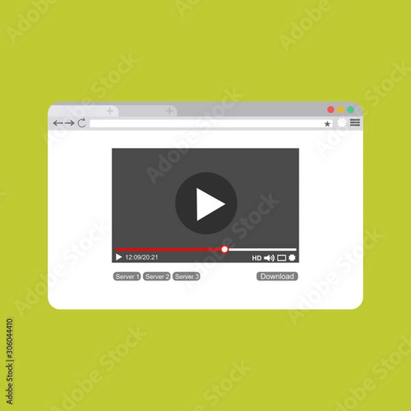 Fototapeta Video player on browser page template in flat style vector illustration. play sign icon
