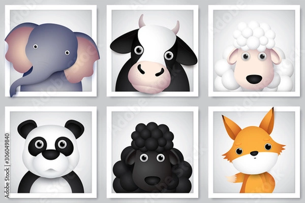 Obraz cute animal set in frame for little kids,vector pictures isolated on white background.