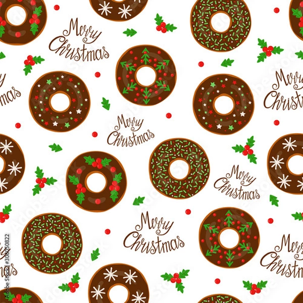 Fototapeta Christmas donuts, seamless pattern, vector illustration. 