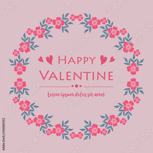 Fototapeta Card text of happy valentine, with decoration of leaf flower frame background. Vector