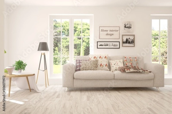 Fototapeta Mock up of stylish room in white color with sofa. Scandinavian interior design. 3D illustration