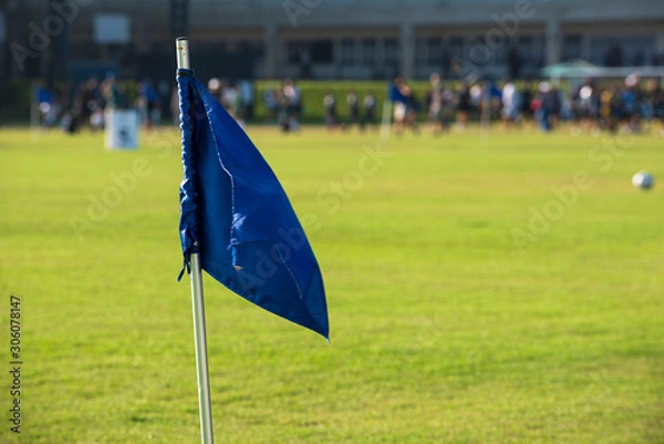Obraz Blue corner flag from a football pitch, seeing group of players, coach, staffs and parents walking and running in a background. Atmosphere from a youth football tournament in summer time.