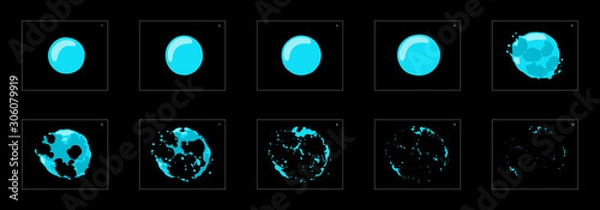 Fototapeta efekt animacji wybuchu bańki wodnej. animacja arkusza sprite'ów z bąbelkami wody do tworzenia gier, grafiki ruchowej lub gier mobilnych.