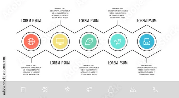 Obraz Vector flat line template circle infographics. Business concept with 5 options and arrows. Five steps for content, flowchart, timeline, levels, marketing, presentation, graph, diagrams, slideshow