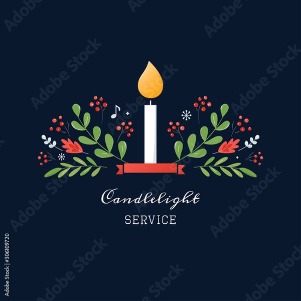 Obraz Candle and Ornaments Christmas Eve Candlelight Service Invitation. Vector Design